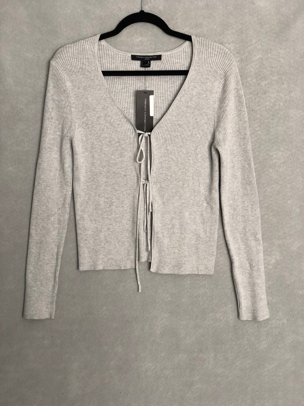 French Connection Ribbed Cardigan Sweater Tie Front Gray Women's Large NEW